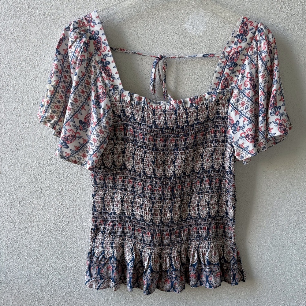 Boho Smocked Square Neck Short Sleeve NWT Peplum Top Size M Western Cowgirl Soft